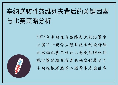 辛纳逆转胜兹维列夫背后的关键因素与比赛策略分析