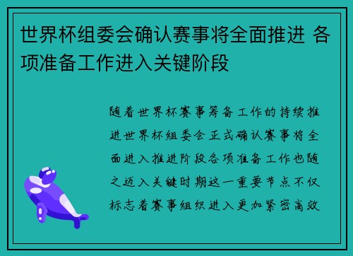 世界杯组委会确认赛事将全面推进 各项准备工作进入关键阶段